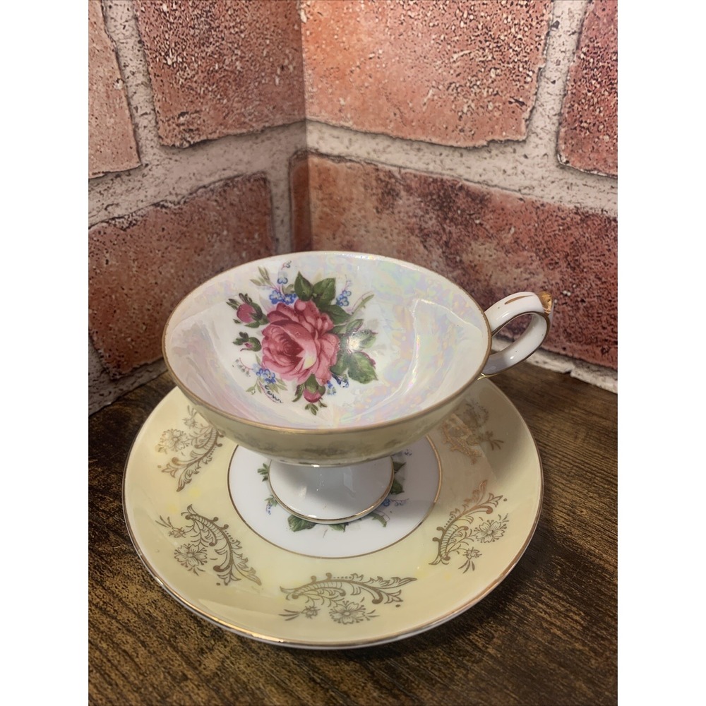 Vintage Royal Halsey Footed Teacup & Saucer~Bone China~Yellow Luster Floral Rose